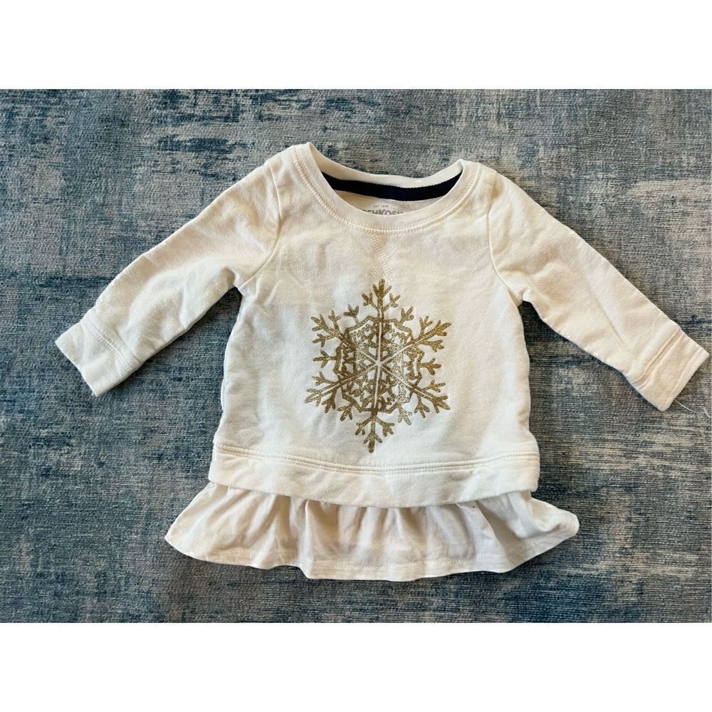 Oshkosh B'gosh White Long Sleeve Ruffle Hem Sweater w Glitter Snowflake 6 Months